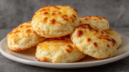 Fototapeta premium Deliciously baked golden-brown cheese biscuits piled on a white plate, showcasing their flaky texture and mouthwatering appearance, perfect for food lovers and culinary enthusiasts alike.