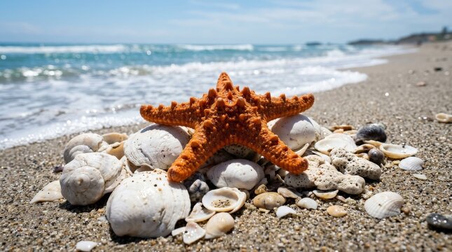 Orange starfish resting on white seashells at beach, marine nature close up with bright coastal atmosphere, realistic detail, no logos