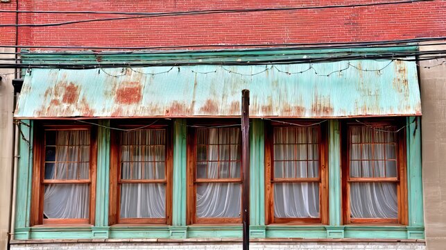 Old building exterior with windows wooden frames faded curtains rusty metal awning cable overhead vintage architecture urban decay facade nostalgic weathered structure background