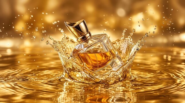 Luxury perfume bottle splashing in golden water, premium fragrance advertising concept, elegant cosmetic packaging, liquid motion, glamorous beauty still life, refined reflections, high detail,