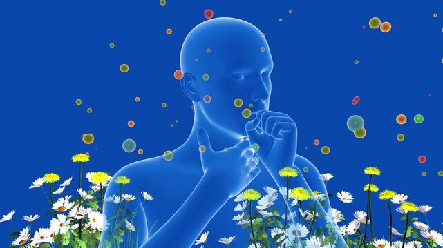 3D animation of a human figure highlighting the upper respiratory system (ENT). Alongside flowers, plants, and pollen that cause spring allergies. Transparent style.