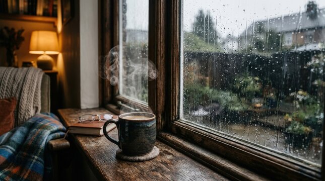 Steaming coffee mug on rustic wood by rain-streaked window, cozy rainy day concept with warm comfort and intimate atmospheric mood, realistic detail, no logos