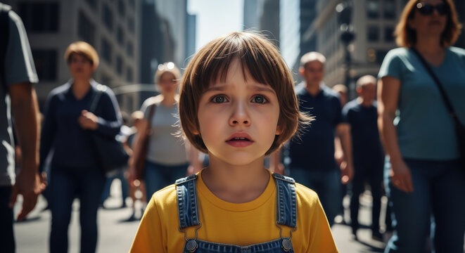 Child looking lost and anxious amidst a bustling crowd in an urban setting