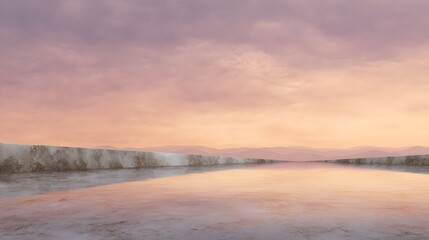 Obraz premium Soft pastel hues dominate this expansive landscape featuring a clear reflection of the dawn or dusk sky on the calm water