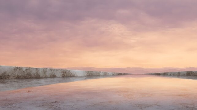 Soft pastel hues dominate this expansive landscape featuring a clear reflection of the dawn or dusk sky on the calm water
