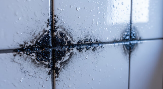 Black mold on bathroom tiles with a serious tone showing moisture and deterioration against a backdrop of wet tiles