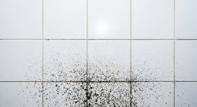 Black mold spreading on bathroom tiles against a clean white background with copy space
