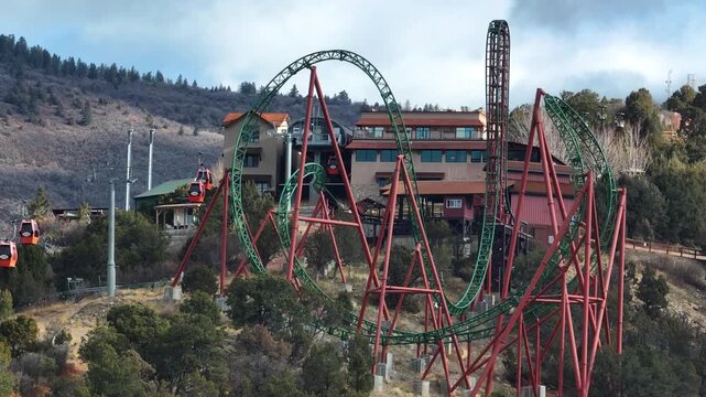 Glenwood mountaintop theme park, gondola and roller coaster, Aerial telephoto