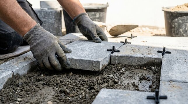 Worker hands in protective gloves laying outdoor paving slabs with black spacers on soil, landscaping and construction detail, close-up realism, no logos