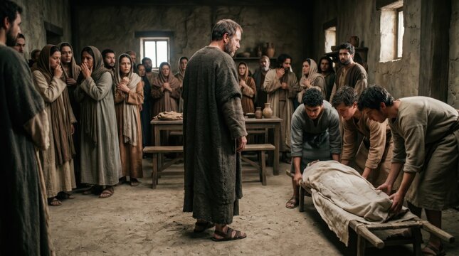 Apostle Peter stands before a group of mourners as young men carry the shrouded body of Ananias. Biblical scene from Acts 5 depicting judgment and death. Ancient religious narrative event.