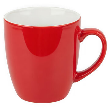 A red ceramic coffee mug with a glossy finish