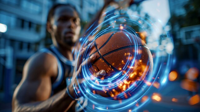 Basketball player shooting on an urban night court with glowing digital motion rings