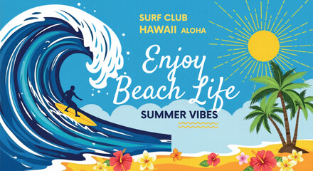 Vintage surfing poster with ocean wave and palm trees, summer beach life illustration, tropical Hawaii surf club banner with hibiscus flowers isolated PNG with Transparent Background © Cozirooh.com