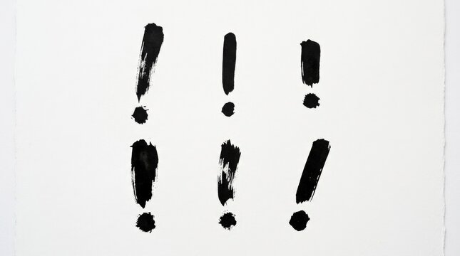 Hand drawn black exclamation marks with textured brush strokes on a white background, expressive punctuation symbols in a bold minimal composition, clean graphic set, high contrast, no logos
