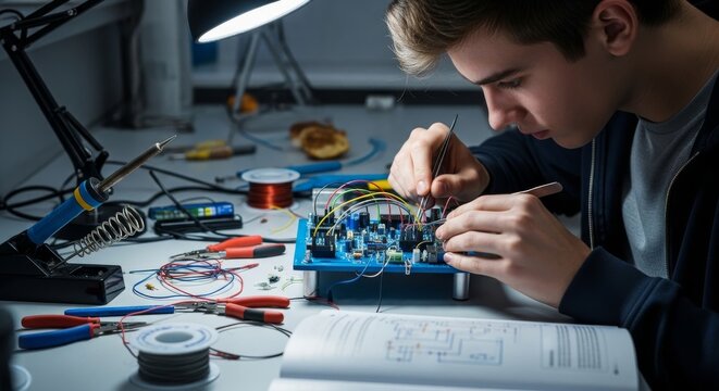 Young engineer meticulously wiring an electronic circuit board