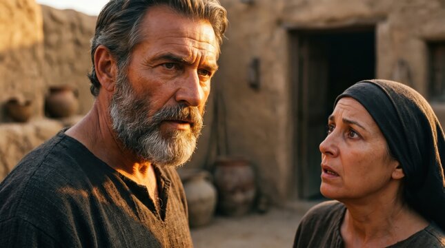 Ananias and Sapphira in cinematic scene from the Bible. Man and woman having a conversation in an ancient Middle Eastern village. Biblical drama, faith, truth and deception concept.