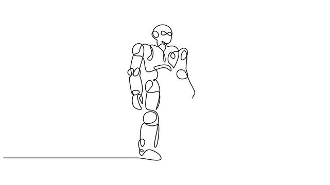 Animated self drawing of continuous line draw toy robot for kids. Retro robot vintage toys. Classic robotic toy kids concept. Full length single line animation illustration