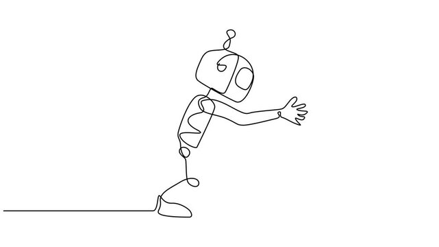 Animated self drawing of continuous line draw toy robot for kids. Retro robot vintage toys. Classic robotic toy kids concept. Full length single line animation illustration