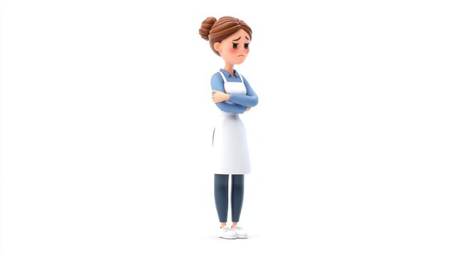 Dejected 3D cartoon woman in an apron, sulking with flushed cheeks and crossed arms