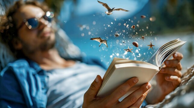 Man relaxing in a hammock as book pages release summer beach symbols