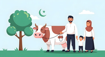 Fototapeta premium muslim family celebrating eid al-adha with cow under crescent moon