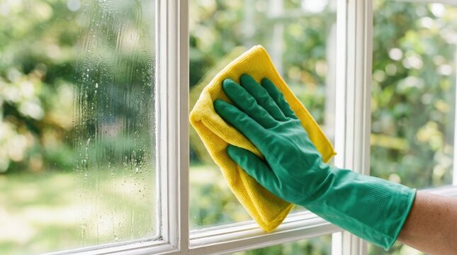 Hand in green glove wiping glass window with yellow cloth, household cleaning concept with fresh spotless surface and bright hygiene focus, clean natural light, realistic detail, no logos