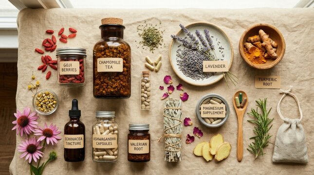 Collection of natural herbal remedies and supplements on a beige background, wellness and alternative health concept with assorted botanicals and capsules, clean flat lay composition, soft light, no