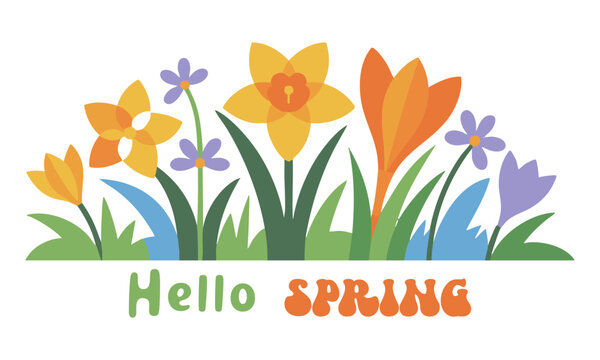 Decorative spring floral banner with blooming flowers vector illustration.
