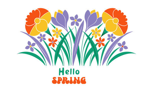 Blooming spring flowers banner flat vector illustration.