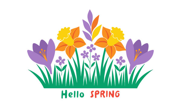 Spring nature floral banner with garden flowers vector illustration.