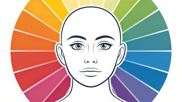 A bald human face illustration centered within a colorful segmented circle transitioning from red to purple hues.