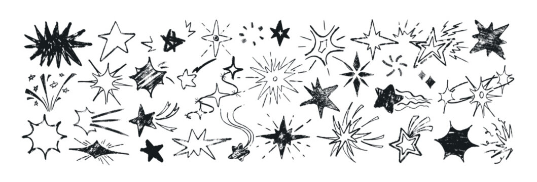 Hand drawn black crayon star shapes, holiday firework. Vector doodle sparks, celebration explosion, childish chalk pencil design elements. Shooting comets, sketch sparkle icons in grunge texture style