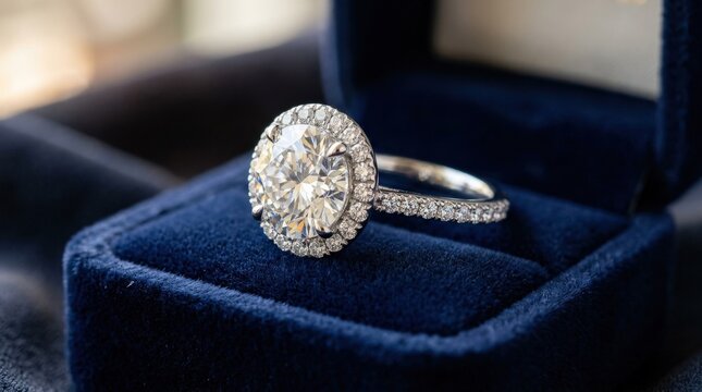 Diamond engagement ring with halo in luxury macro shot, sparkling fine jewelry concept with brilliant stones and elegant premium presentation, soft reflections, refined realistic detail, no logos