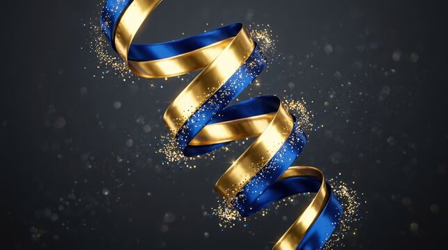 Shiny gold and blue ribbon spiraling downward on a dark gray background, festive luxury design element with sparkling accents and fluid movement, glossy texture, realistic detail, no logos