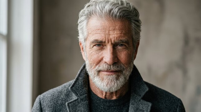 Close up portrait of a gray haired bearded man wearing a gray jacket, mature male character headshot, confident expression and rugged style, neutral background, realistic skin and hair detail, no