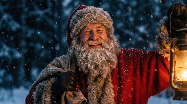 Smiling Santa Claus with long beard standing in snowfall, festive winter portrait, dark blurred background, warm holiday atmosphere, realistic detail, no logos