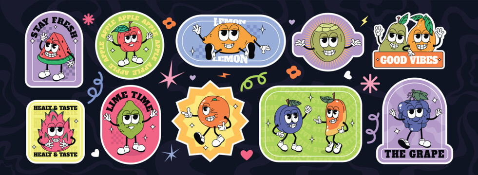 Groovy retro labels with fruit characters in trendy style. Cartoon cute summer sticker set, funky comic doodle orange, lemon, apple, watermelon with expressive faces. Emblem collection of healthy food