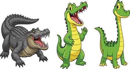 Fototapeta premium Cartoon Crocodile and Alligator Set – Three Reptile Characters in Different Styles on White Background