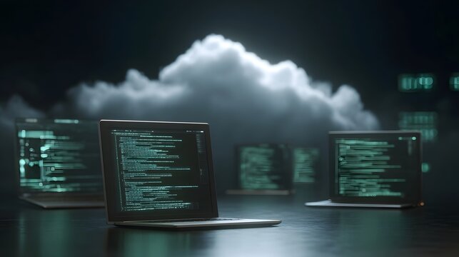 Multiple open screens displaying detailed programming code beneath a dramatic luminous cloud formation
