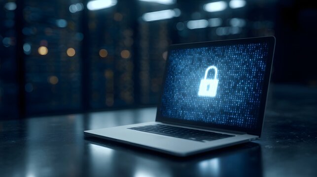 A modern laptop displays glowing binary code and a digital padlock symbol representing advanced cybersecurity and data protection technology