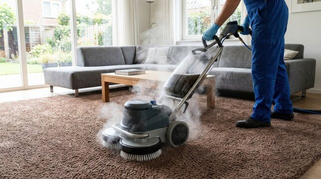 Professional cleaner deep cleaning a brown plush carpet with a specialized machine in a modern living room, home hygiene concept, realistic detail, no logos