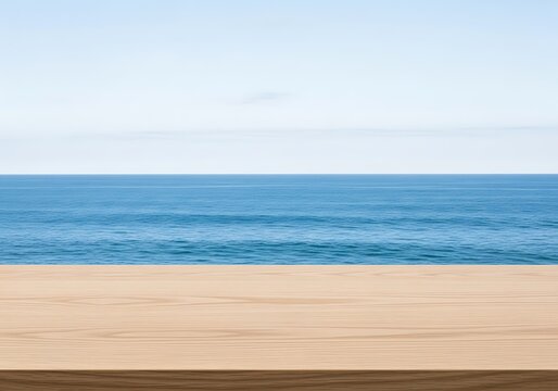 Empty Wooden Tabletop with Blue Sea and Sky Background