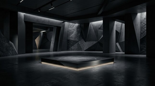 Dark abstract studio room with light and shadow, minimal luxury product stage platform for business or technology display, elegant empty showroom space, dramatic lighting, refined modern atmosphere,