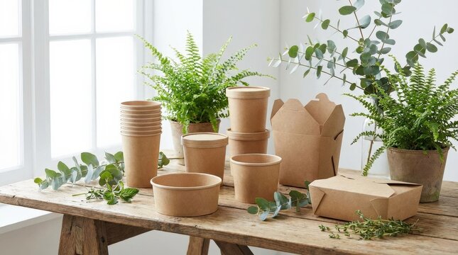 Eco friendly kraft paper cups and boxes surrounded by greenery, sustainable packaging product display, zero waste takeaway containers, clean commercial composition, soft natural light, no logos