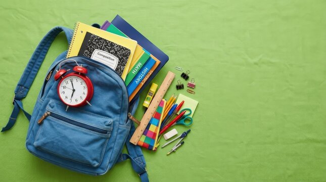Blue backpack with alarm clock and school supplies on green background, back to school concept with copy space, clean educational composition, realistic detail, no logos