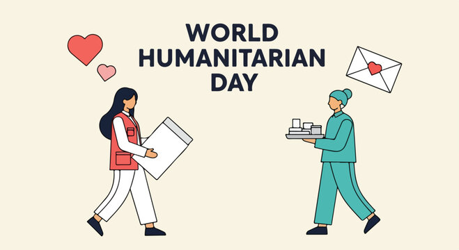 Two diverse individuals exchanging humanitarian aid and support in celebration of World Humanitarian Day emphasizing