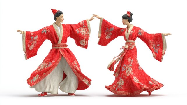 Elegant 3D Rendered Chinese Figures in Red Hanfu Attire, Graceful Dance Pose