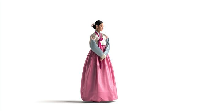 Elegant Korean woman in a vibrant pink and blue hanbok, poised gracefully on a clean white background.
