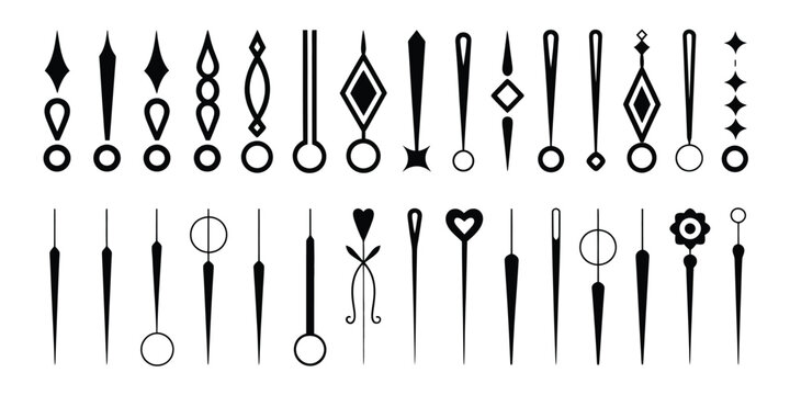 Clock hand icon, black silhouette graphics, ornate simple time pointers, analog clock repair elements, vector illustration