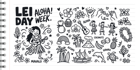 Hand Drawn Hawaiian Lei Day Aloha Week Doodles on Lined Paper Notebook Page © Studio181